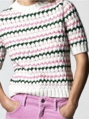 Zara White Short-Sleeve Knit Sweater Pink & Green Stripes Small Excellent Cond